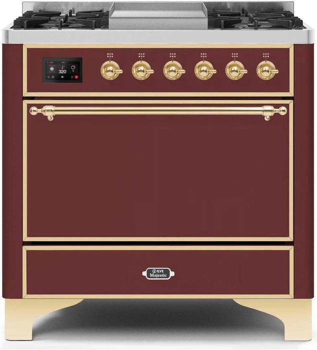 ILVE Majestic II 36" Dual Fuel Range Burgundy Brass Trim UM09FDQNS3BUG