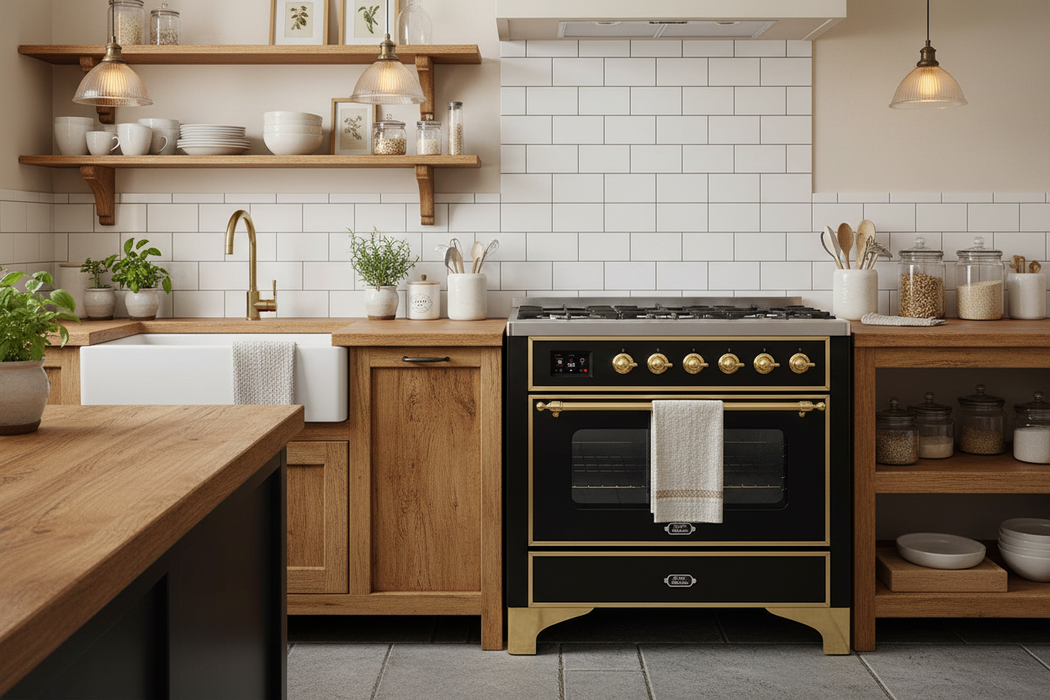 ILVE Majestic 36" Induction Range Glossy Black Brass Trim UMI09QNS3BKG