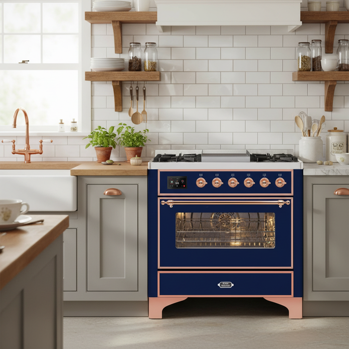 ILVE Majestic II 36" Liquid Propane Dual Fuel Range Midnight Blue Copper Trim UM09FDNS3MBPLP