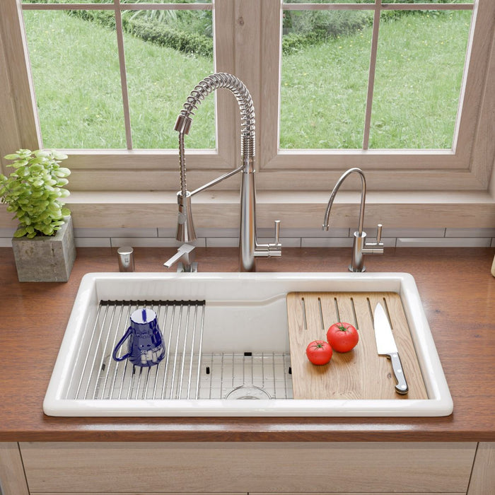 ALFI brand White 32" Workstation Step Rim Single Bowl Fireclay Undermount / Drop In Kitchen Sink ABFS3219SUD-W