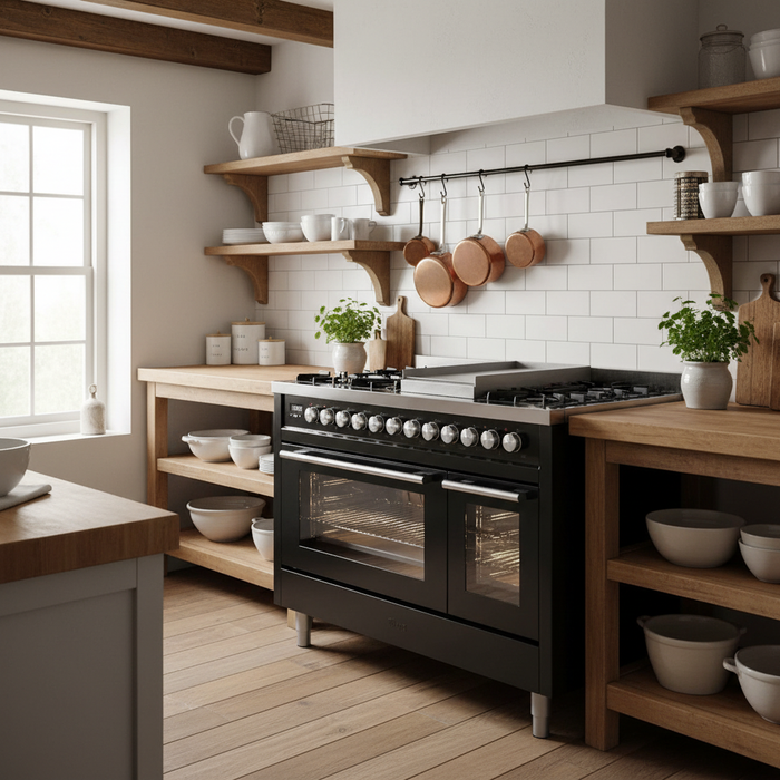 ILVE 48"Professional Plus Dual Fuel Range, Glossy Black UP48FWMPBK