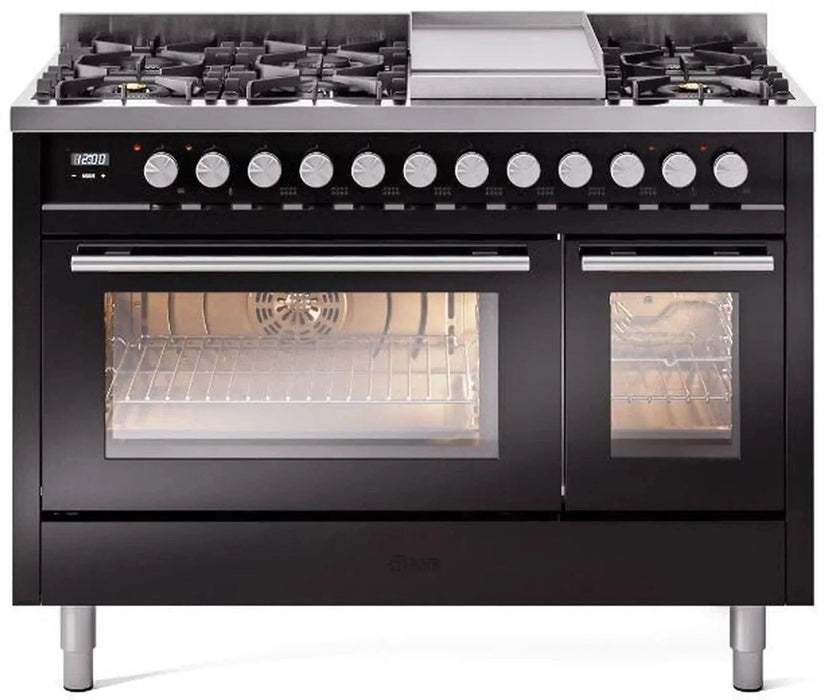 ILVE 48"Professional Plus Dual Fuel Range, Glossy Black UP48FWMPBK