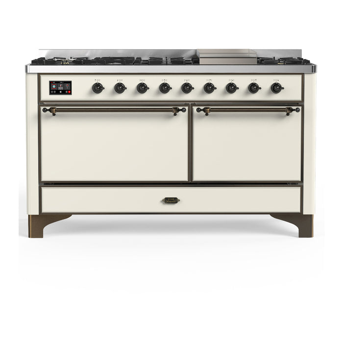 ILVE Majestic III 60" Dual Fuel Range, Antique White, Burnished Trim UM60FQNR3AWB