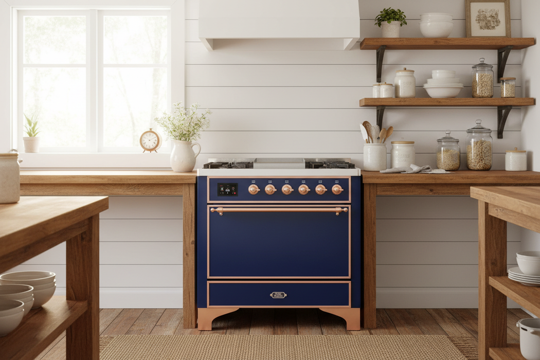 ILVE Majestic II 36" Liquid Propane Dual Fuel Range Midnight Blue Copper Trim UM09FDQNS3MBPLP