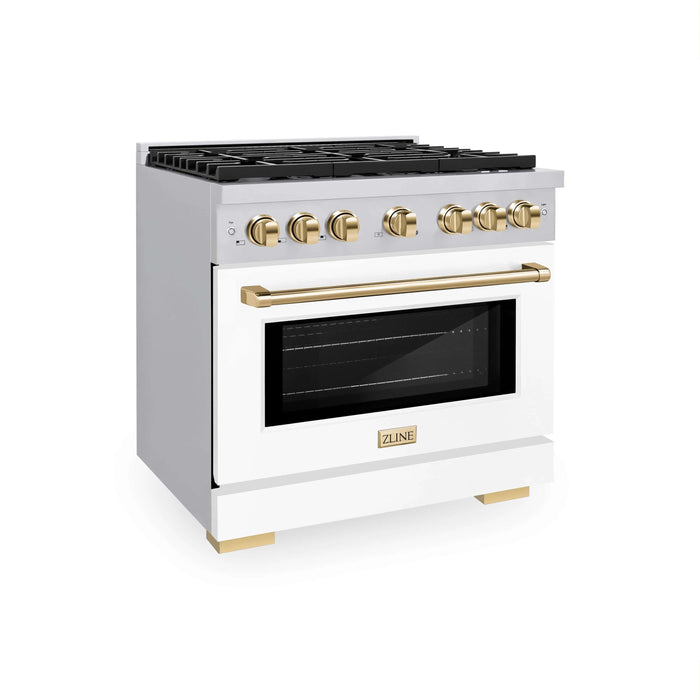 ZLINE 36"Paramount Dual Fuel Range White Matte Gold SDRZ-WM-36-G