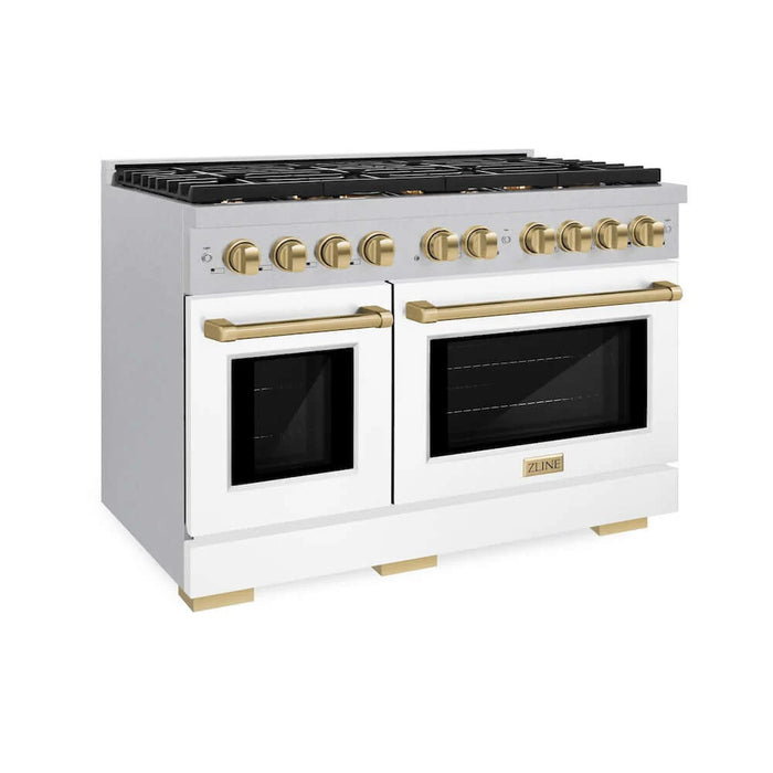 ZLINE 48"Gas Range, Convection Gas Oven, DuraSnow® White Matte, Champagne Bronze SGRSZ-WM-48-CB