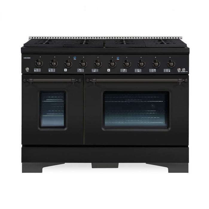 HALLMAN Classico 48" Dual Fuel Range, Glossy Black, Bronze Trim HCLRDF48BZGB