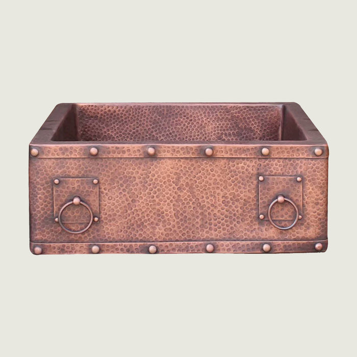 NAUXUS Copper Farmhouse Kitchen Sink, Handmade Hammered Single-Bowl Copper Apron Sink Include Kitchen Basket Stainer , FMHK03-NX