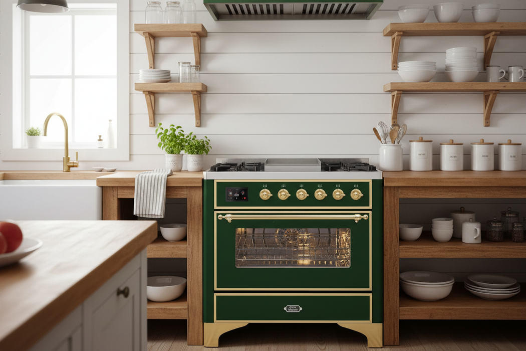 ILVE 36" Majestic II Dual Fuel Range Emerald Green Brass Trim UM09FDNS3EGG