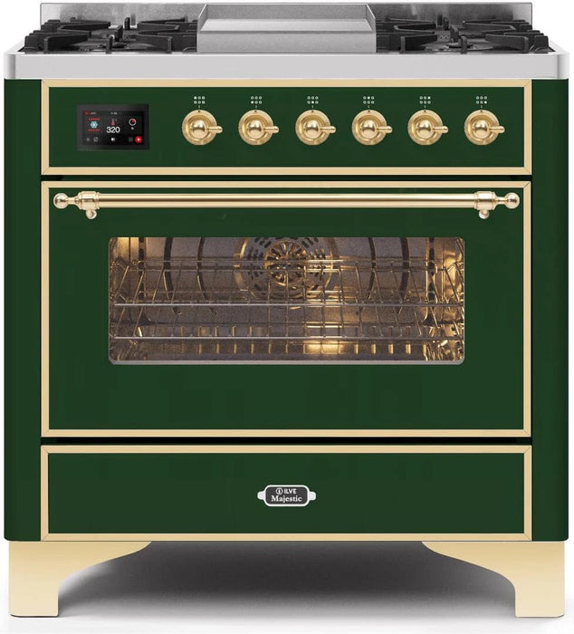 ILVE 36" Majestic II Dual Fuel Range Emerald Green Brass Trim UM09FDNS3EGG