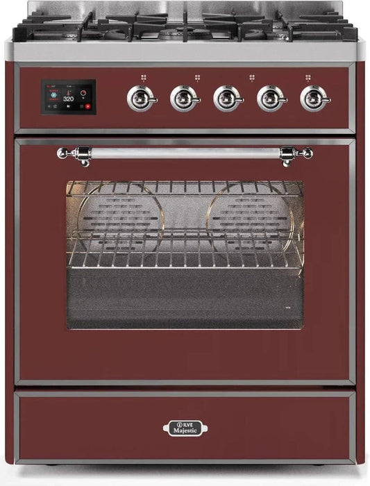 ILVE Majestic II 30" Dual Fuel Range, Burgundy, Chrome Trim UM30DNE3BUC