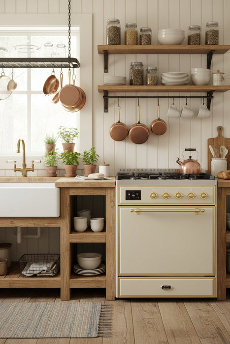 ILVE Majestic II 30" Liquid Propane Dual Fuel Range, Antique White Brass Trim UM30DQNE3AWGLP