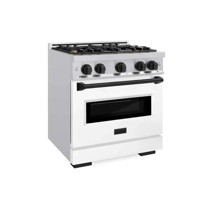 ZLINE 30" Classic Gas Range, Convection Gas Oven Stainless Steel, White Matte Door Matte Black CGRZ-WM-30-MB