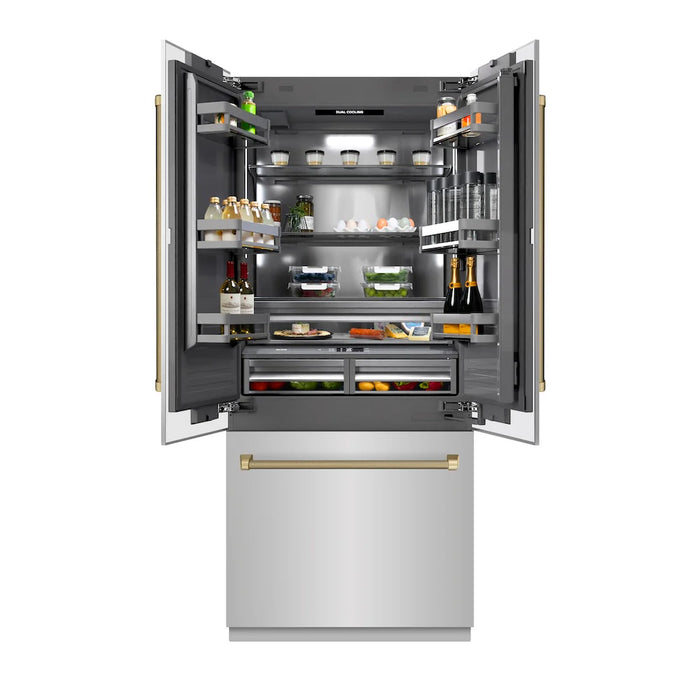 ZLINE Autograph Edition 36" French Door Built-In Bottom Freezer Refrigerator, Water Dispenser, Ice Maker, Stainless Steel, Graphite Gray Interior, Helix Handles GRBIVZ-30436KCB