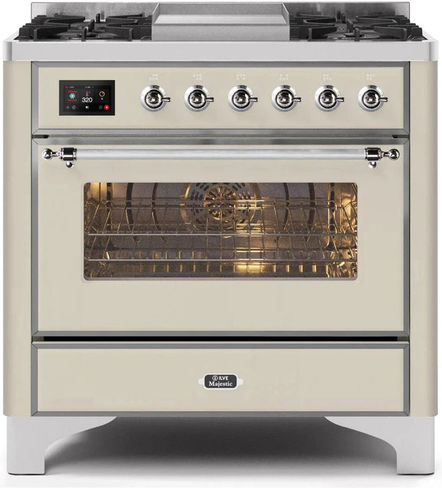 ILVE Majestic II 36" Dual Fuel Range Antique White Chrome Trim UM09FDNS3AWC