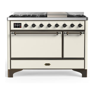 ILVE Majestic III 48" Dual Fuel, Range, Antique White, Burnished Trim UM48FQNR3AWB