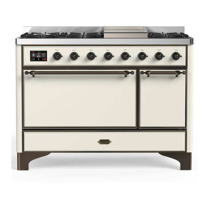 ILVE Majestic III 48" Dual Fuel, Range, Antique White, Burnished Trim UM48FQNR3AWB
