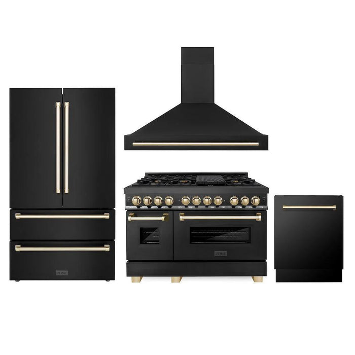 ZLINE Autograph Edition 48"Kitchen Package, Black Stainless Steel Dual Fuel Range, Range Hood, Dishwasher and Refrigeration, 4AKPR-RABRHDWV48-G
