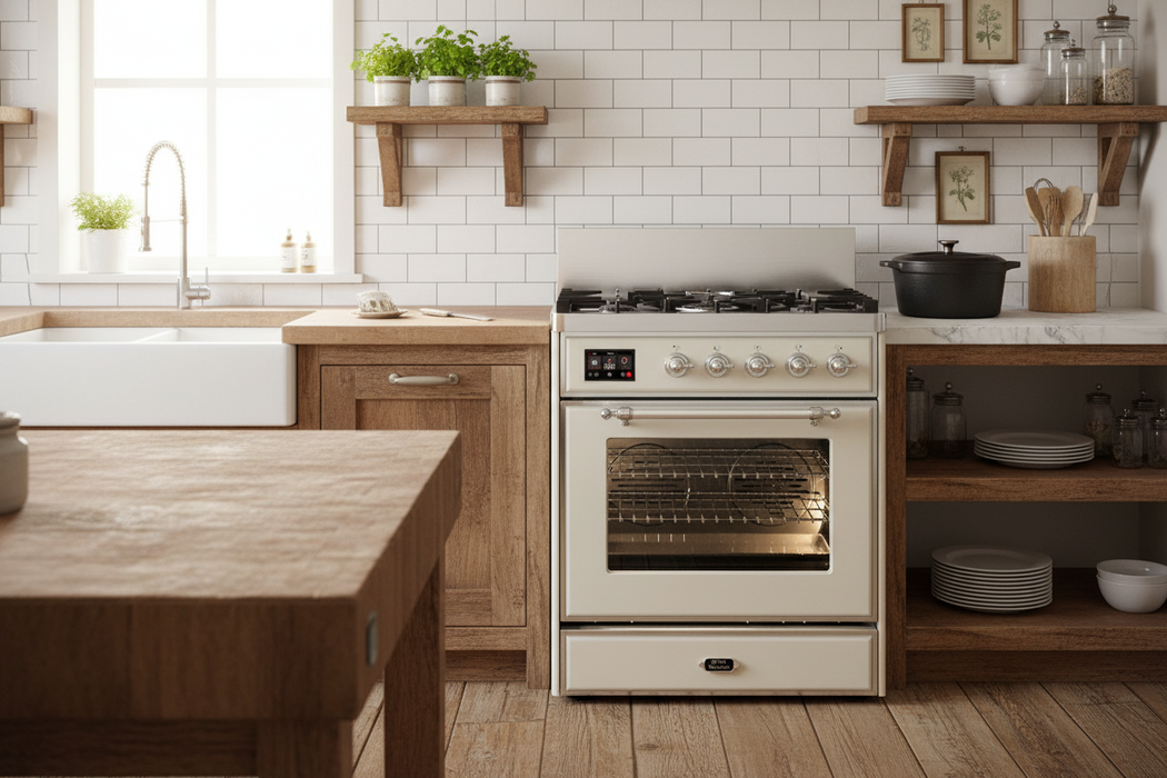 ILVE Majestic III 30" Dual Fuel Range Antique White, Chrome Trim UM30NR3AWC