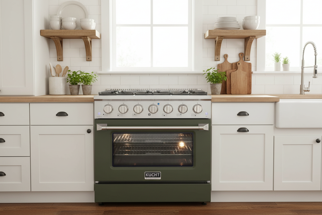 Kucht 36” Pro-Style Kitchen Dual Fuel Range in Olive Green - Front View