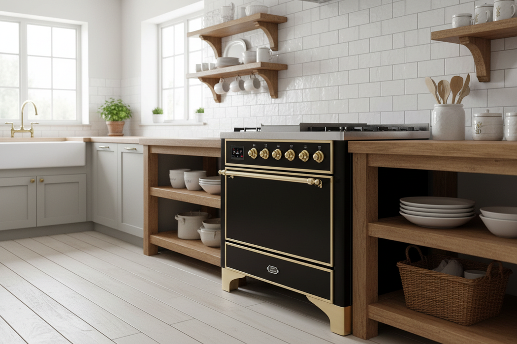 ILVE Majestic II 36" Liquid Propane Dual Fuel Range Glossy Black Brass Trim UM09FDQNS3BKGLP