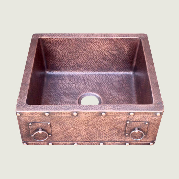 NAUXUS Copper Farmhouse Kitchen Sink, Handmade Hammered Single-Bowl Copper Apron Sink Include Kitchen Basket Stainer , FMHK03-NX