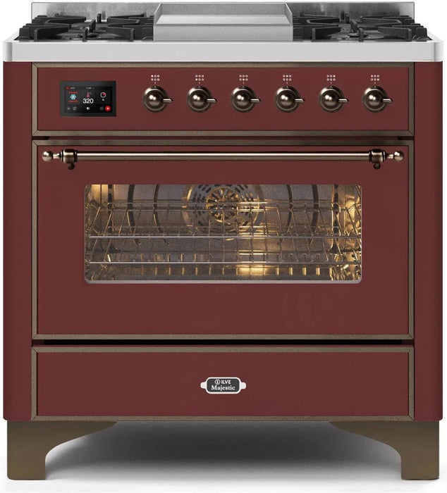 ILVE 36" Majestic II Dual Fuel Range Burgundy Bronze Trim UM09FDNS3BUB
