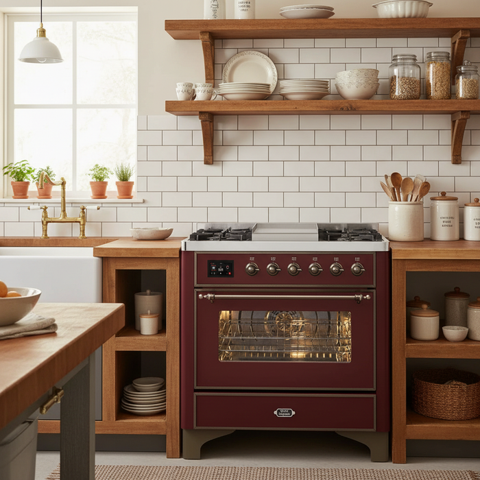 ILVE 36" Majestic II Liquid Propane Dual Fuel Range Burgundy Bronze Trim UM09FDNS3BUBLP