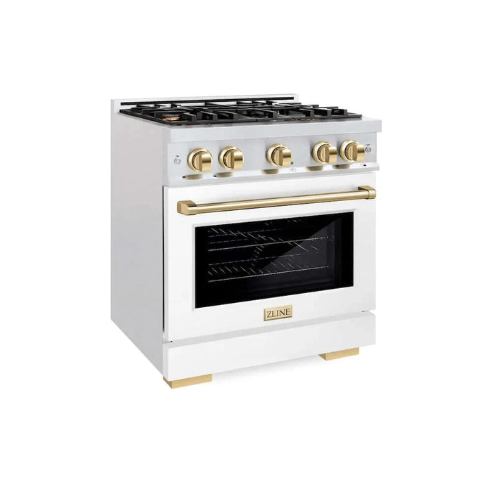ZLINE 30" Select Dual Fuel Range Gas Cooktop Electric Convection Oven DuraSnow® Stainless Steel White Matte Door Polished Gold HDRSZ-WM-30-G