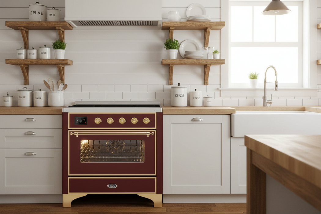 ILVE Majestic II 36" Induction Range Burgundy Brass Trim UMI09NS3BUG