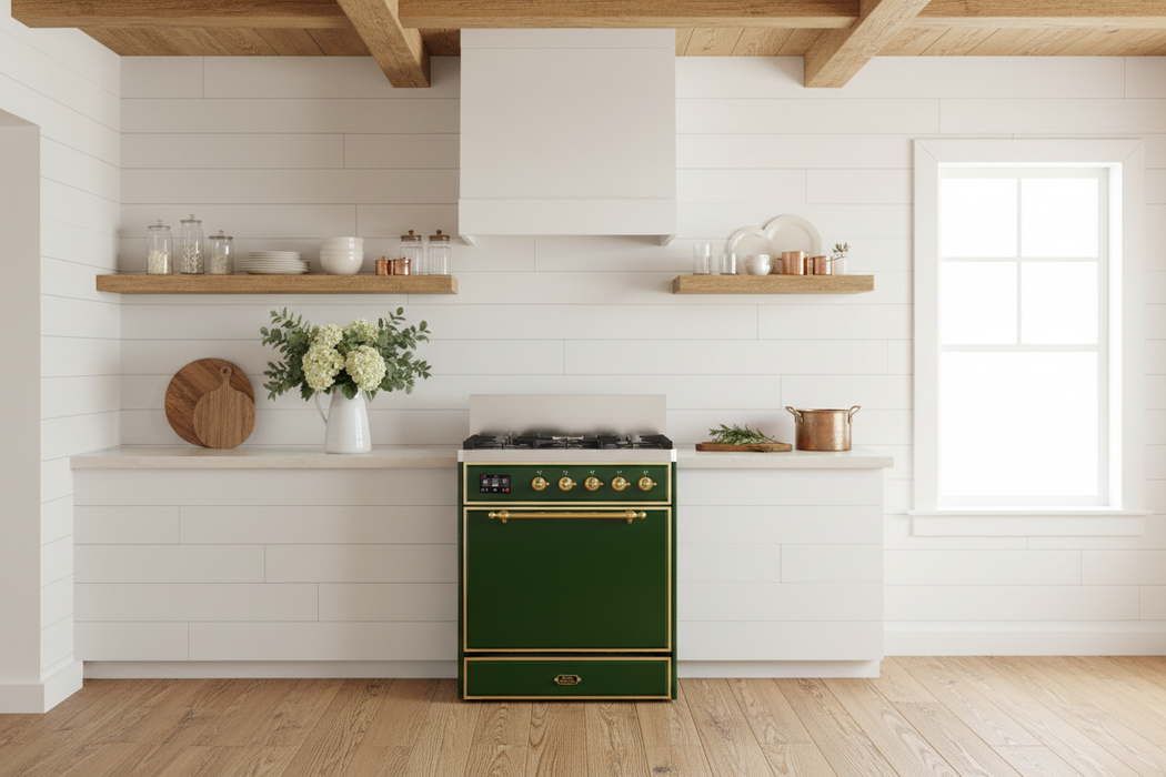 ILVE Majestic III 30" Dual Fuel Range, Emerald Green Brass Trim UM30QNR3EGG