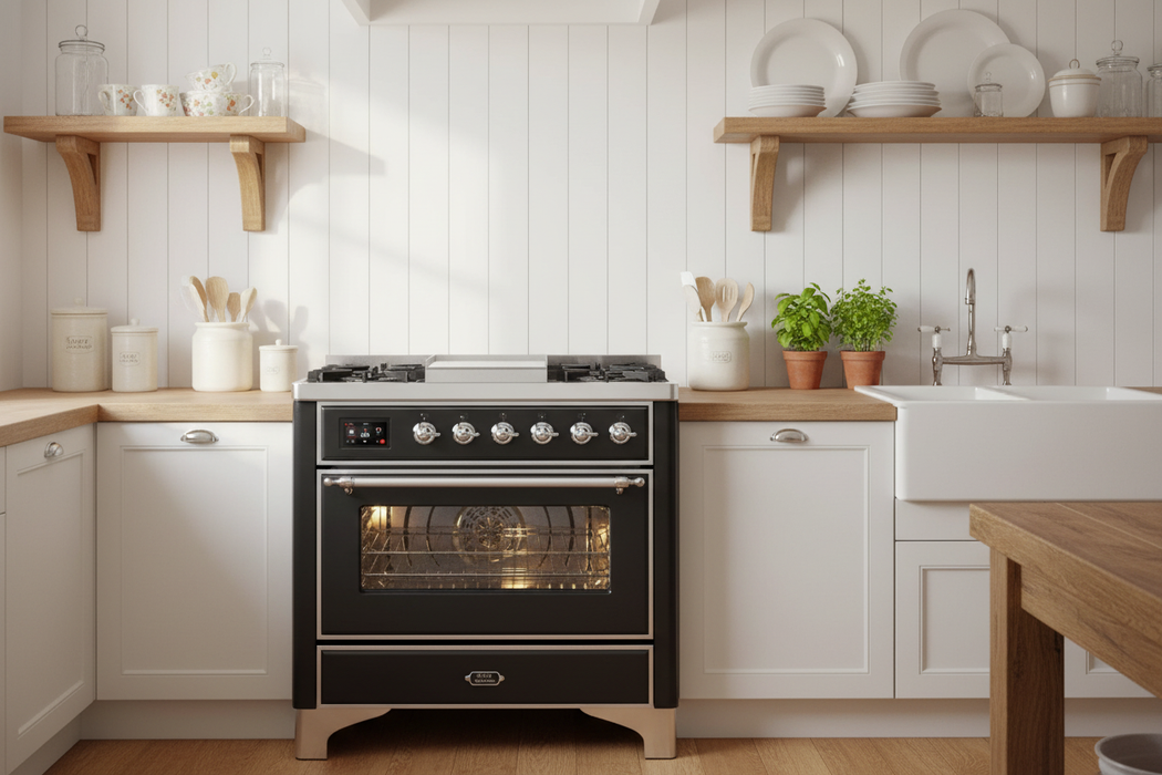 ILVE Majestic II 36" Liquid Propane Dual Fuel Range Glossy Black Chrome Trim UM09FDNS3BKCLP