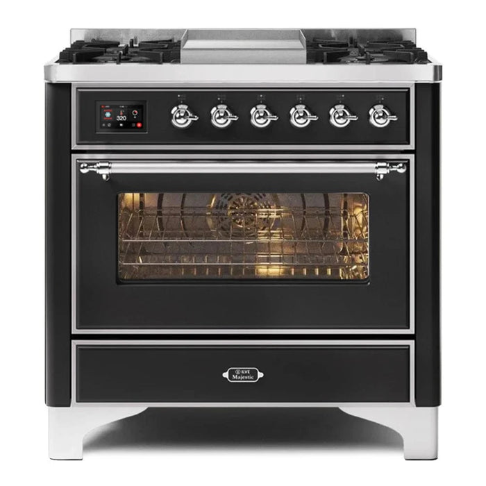 ILVE Majestic II 36" Liquid Propane Dual Fuel Range Glossy Black Chrome Trim UM09FDNS3BKCLP
