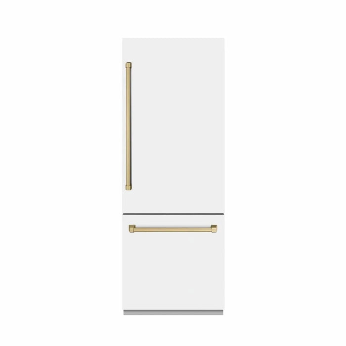 ZLINE 30" Built-In Bottom Freezer Refrigerator with Water Dispenser, Ice Maker, White Matte, Graphite Gray Interior, Champagne Bronze GRBIVZ-WM-30-CB