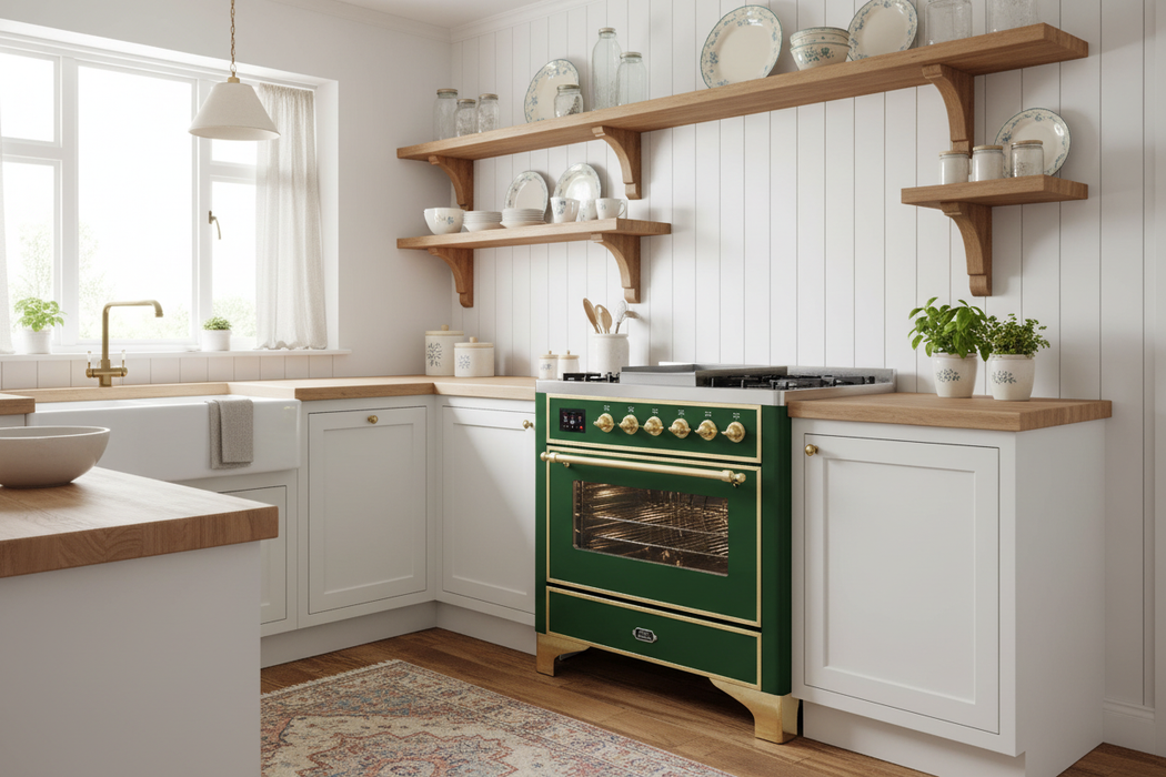 ILVE 36" Majestic II Liquid Propane Dual Fuel Range Emerald Green Brass Trim UM09FDNS3EGGLP