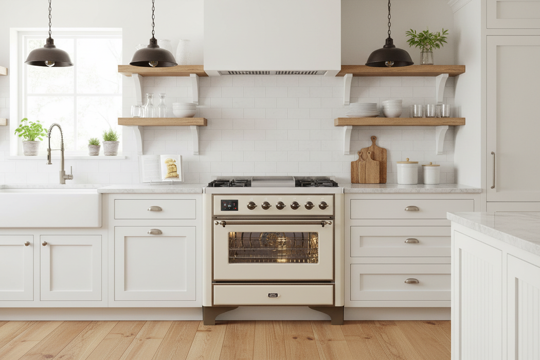ILVE Majestic II 36" Liquid Propane Dual Fuel Range Antique White Bronze Trim UM09FDNS3AWBLP