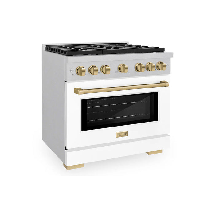 ZLINE 36"Gas Range, Convection Gas Oven, DuraSnow® White Matte, Champagne Bronze SGRSZ-WM-36-CB