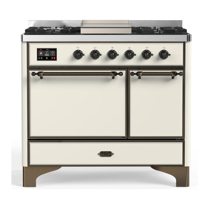 ILVE Majestic III 40" Dual Fuel, Range, Antique White, Burnished Trim UMD40FQNR3AWB