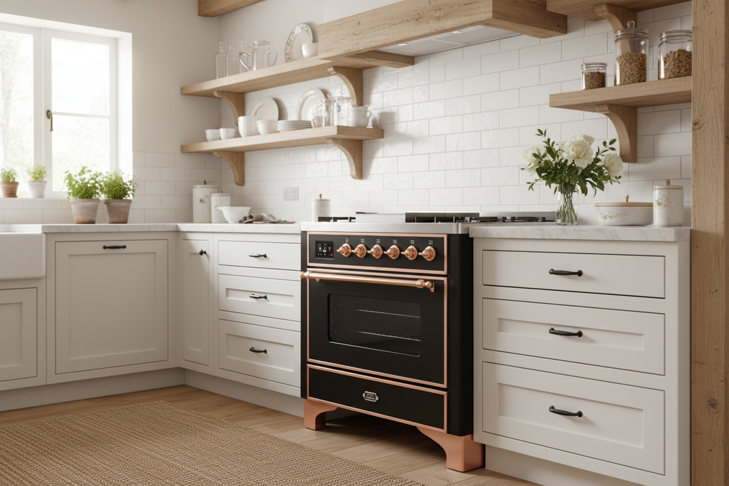 ILVE Majestic II 36" Liquid Propane Dual Fuel Range Glossy Black Copper Trim UM09FDQNS3BKPLP