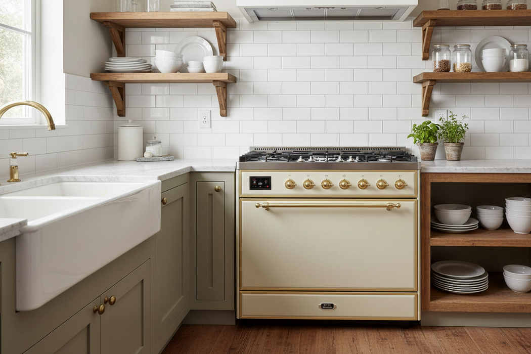 ILVE Majestic III 30" Dual Fuel Range, Antique White Brass Trim UM30QNR3AWG