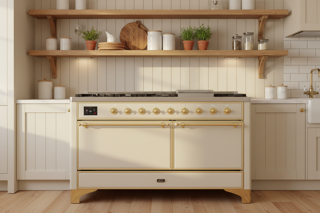 ILVE Majestic II 60" Dual Fuel Range, Antique White, Brass Trim UM15FDQNS3AWG