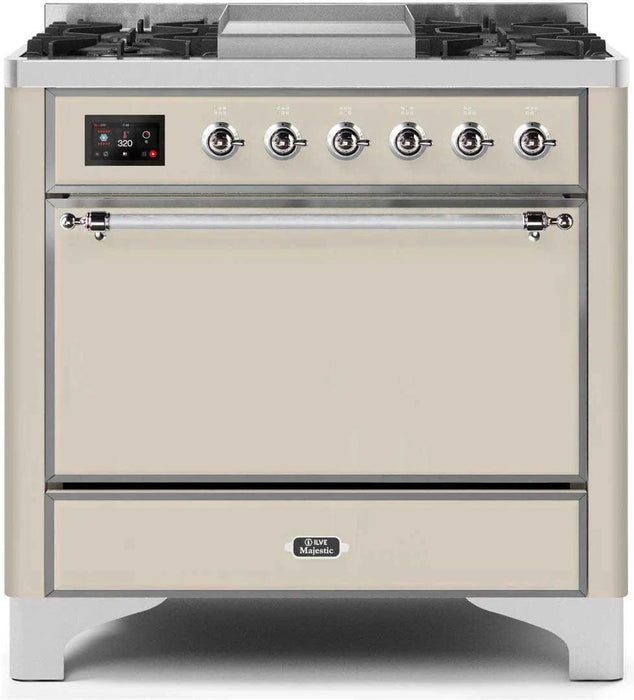 ILVE Majestic II 36" Liquid Propane Dual Fuel Range Antique White Chrome Trim UM09FDQNS3AWCLP