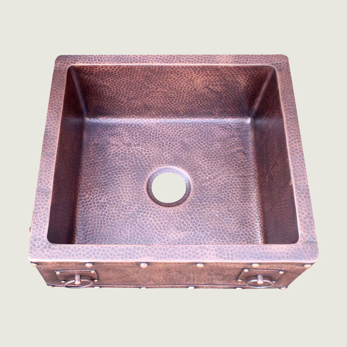NAUXUS Copper Farmhouse Kitchen Sink, Handmade Hammered Single-Bowl Copper Apron Sink Include Kitchen Basket Stainer , FMHK03-NX