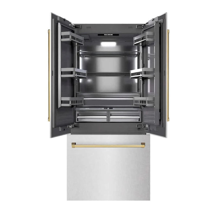 ZLINE 36" Built-In Bottom Freezer Refrigerator with Water Dispenser, Ice Maker, DuraSnow® Stainless Steel, Graphite Gray Interior, Polished Gold GRBIVZ-SN-36-G