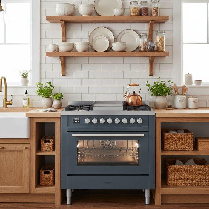 ILVE 36"Professional Plus Dual Fuel Range, Blue Grey UP36FWMPBG