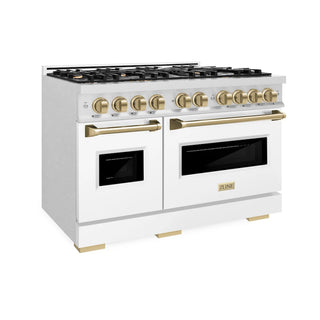 ZLINE 48" Classic Double Oven Dual Fuel Range, 8 Burner Gas Cooktop, Satin Stainless Steel, White Matte Doors, Accents CDRSZ-WM-48-CB