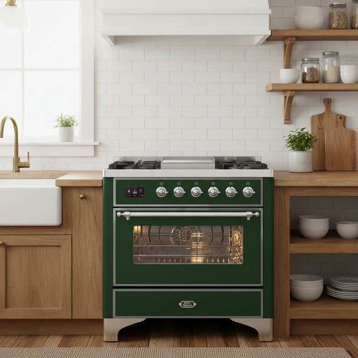 ILVE 36" Majestic II Liquid Propane Dual Fuel Range Emerald Green Chrome Trim UM09FDNS3EGCLP
