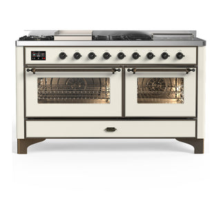 ILVE Majestic III 60" Dual Fuel Range, Antique White, Burnished Trim UM60FSNR3AWB