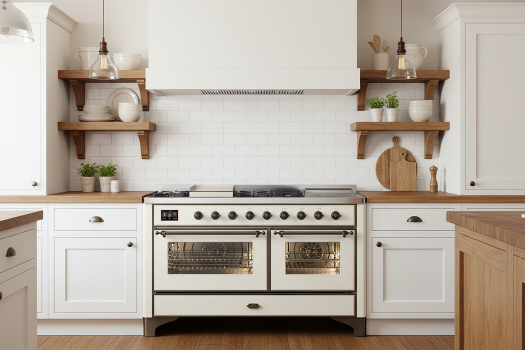 ILVE Majestic III 60" Dual Fuel Range, Antique White, Burnished Trim UM60FSNR3AWB