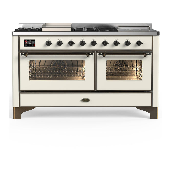 ILVE Majestic III 60" Dual Fuel Range, Antique White, Burnished Trim UM60FSNR3AWB